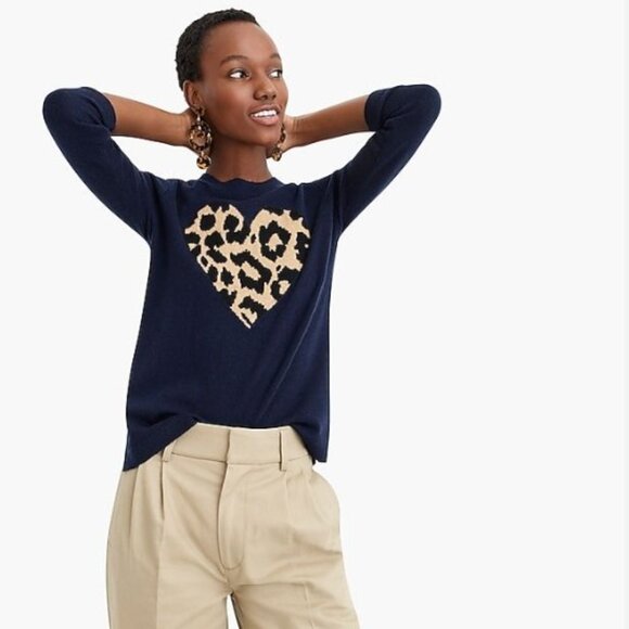 J. Crew 100% Cashmere Animal Print Heart Sweater - Picture 1 of 10